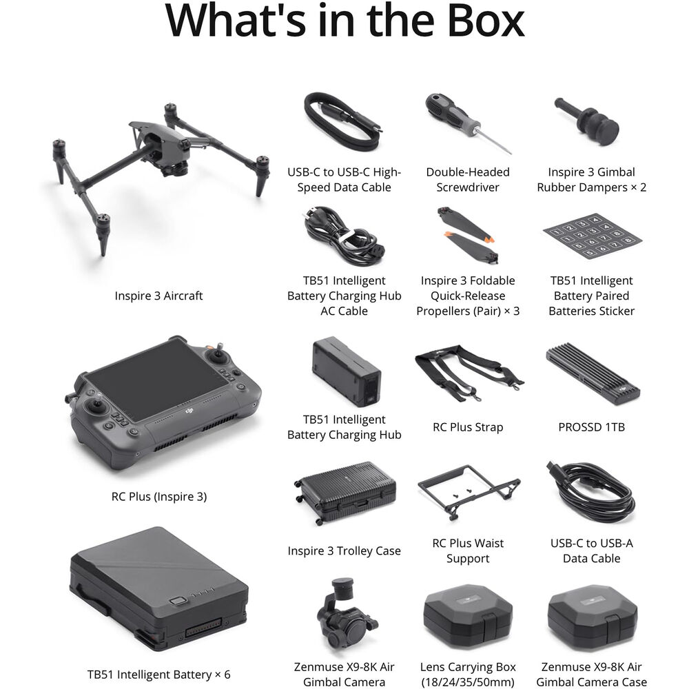 DJI Inspire 3 Professional 8K Drone Kit: 1TB PROSSD, 18mm Lens